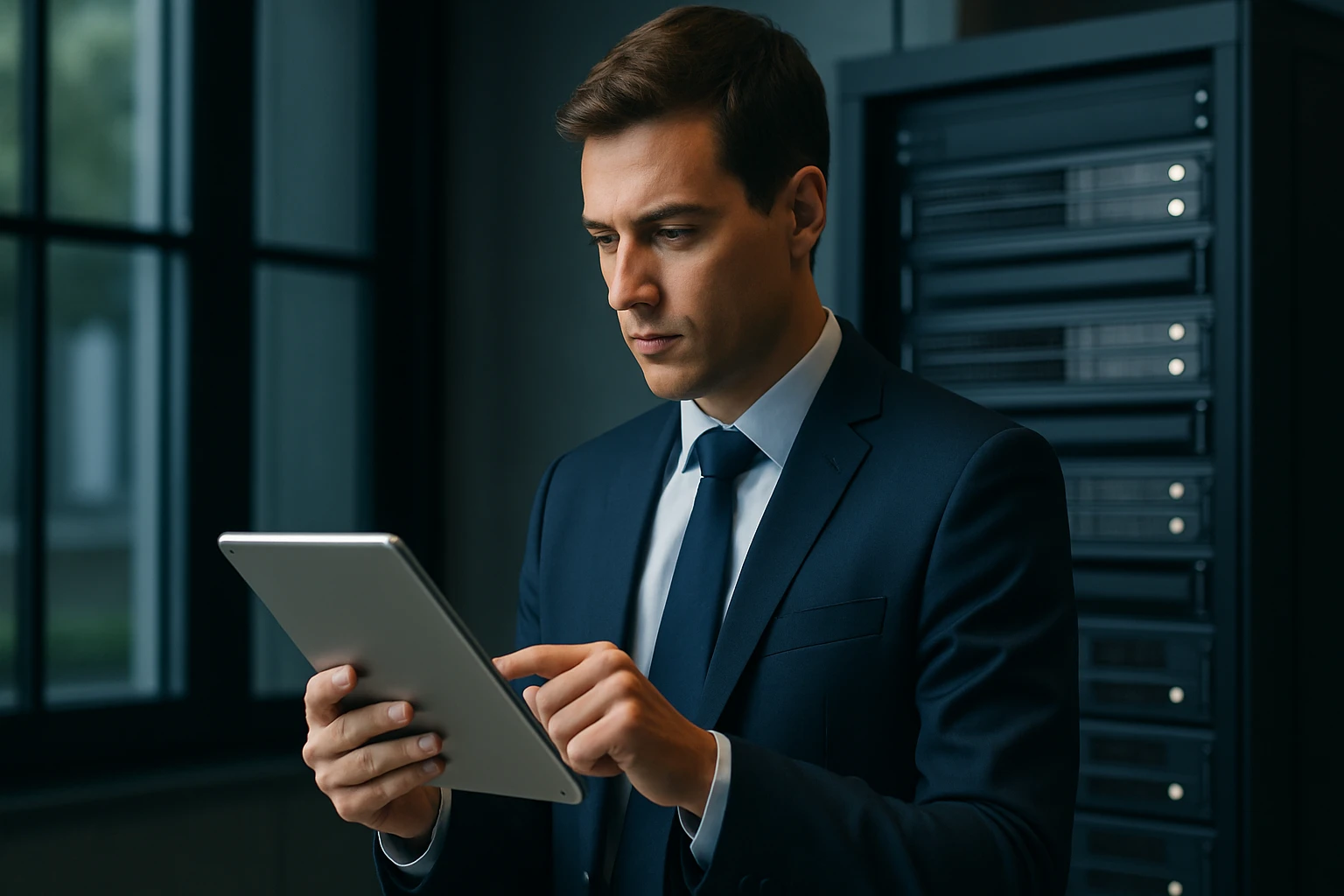 Egy öltönyös férfi táblagépet használ, koncentrált arckifejezéssel.