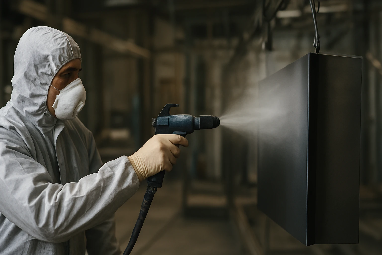 Egy védőruhát viselő személy festékszóró pisztollyal fúj egy fekete felületet.