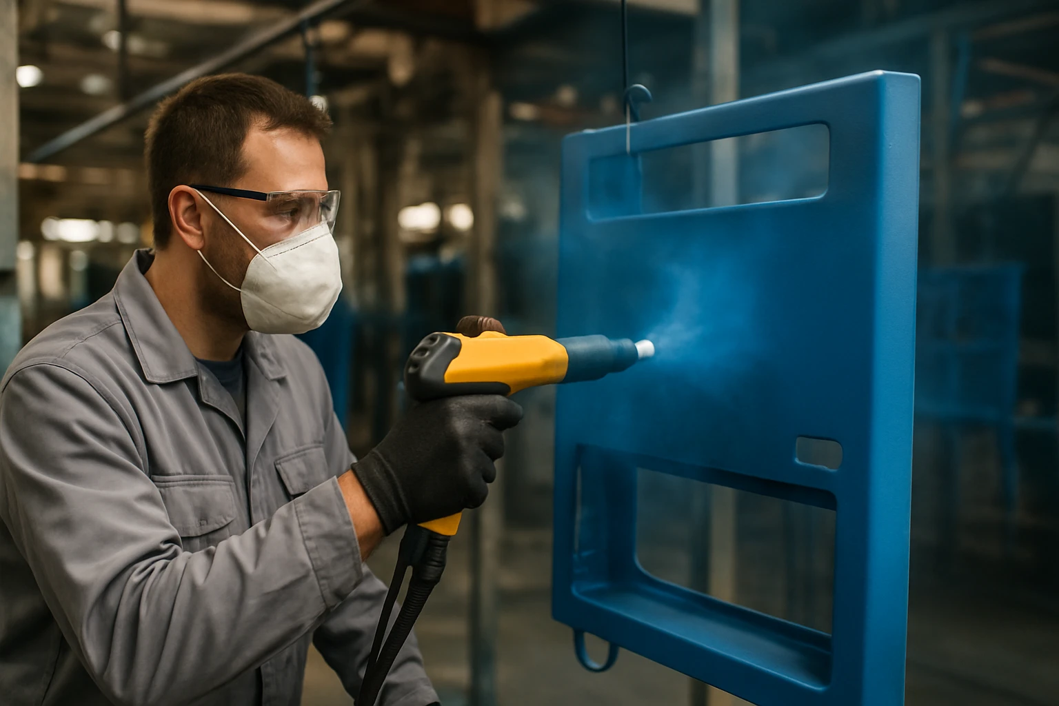 Egy férfi maszkban és védőszemüvegben kék festéket fúj egy munkadarabra.