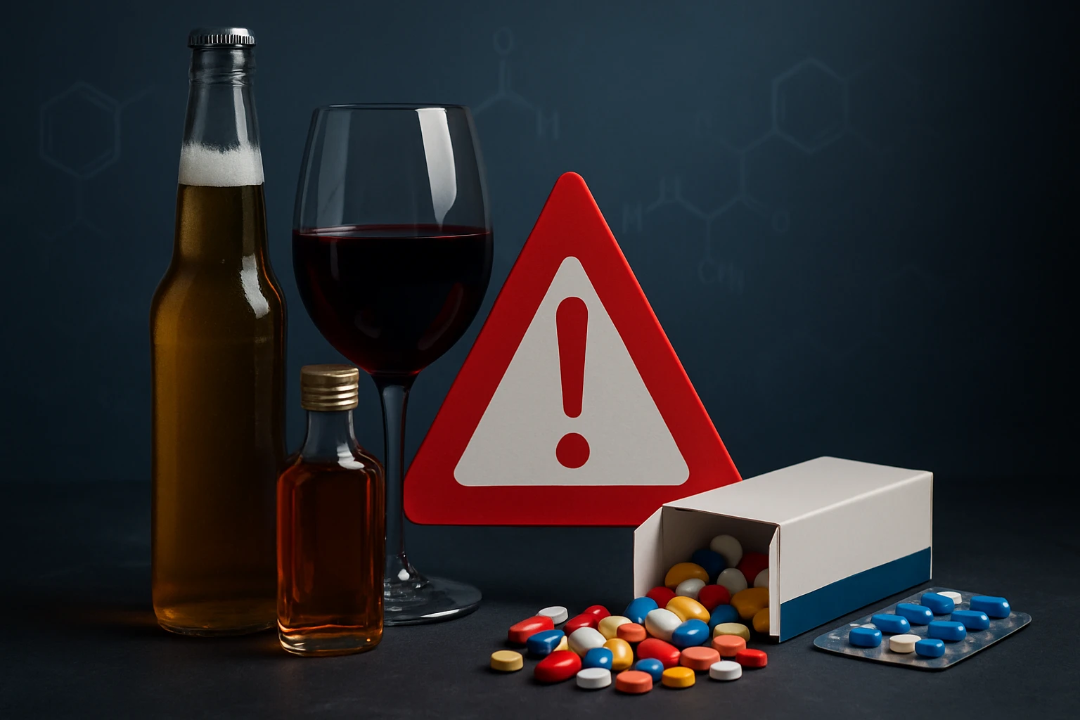 Egy üveg sör, boros pohár, kis üveg ital és gyógyszerek figyelmeztető táblával.