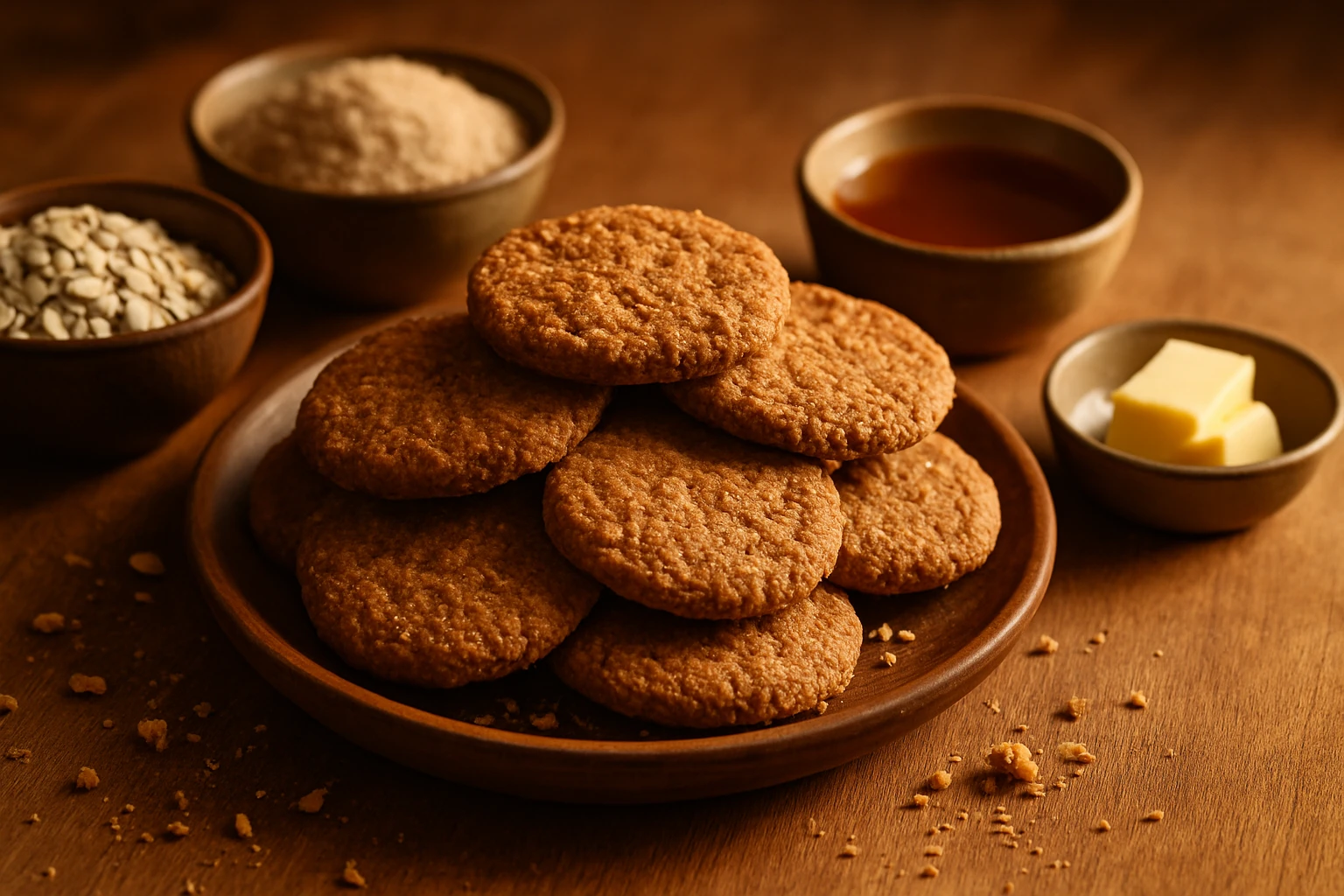 Egy tálban sült kekszek, mellette különböző hozzávalók, mint cukor és vaj.