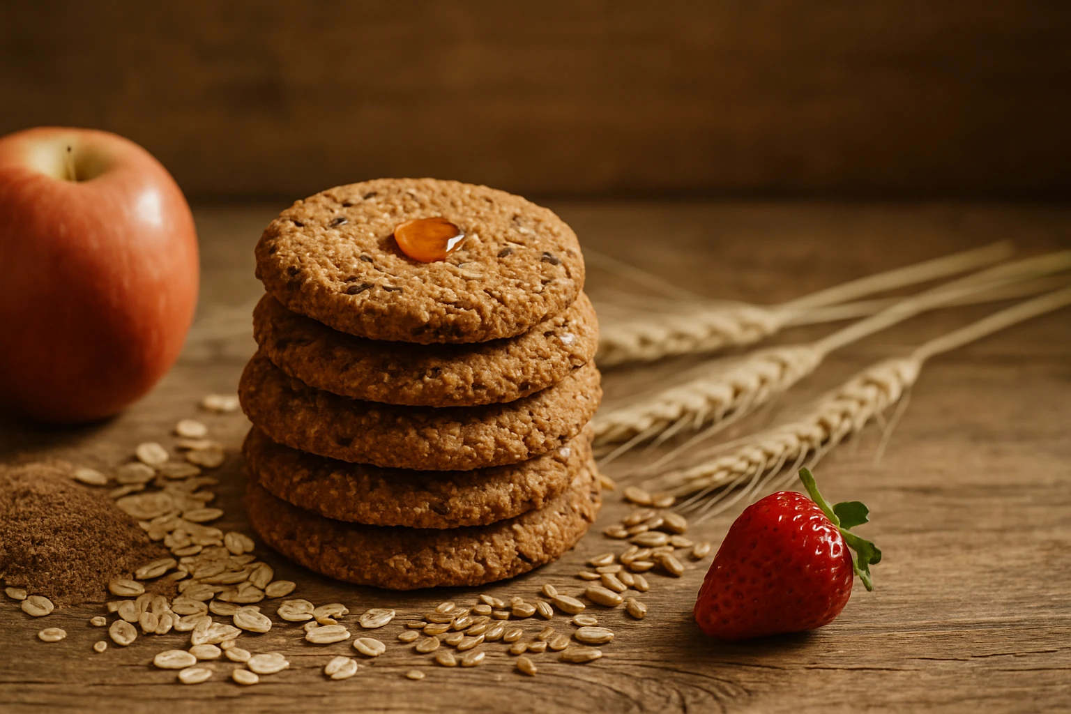 Egy halom zabkeksz, mellette egy piros alma és egy eper, valamint zabpehely és barna cukor.