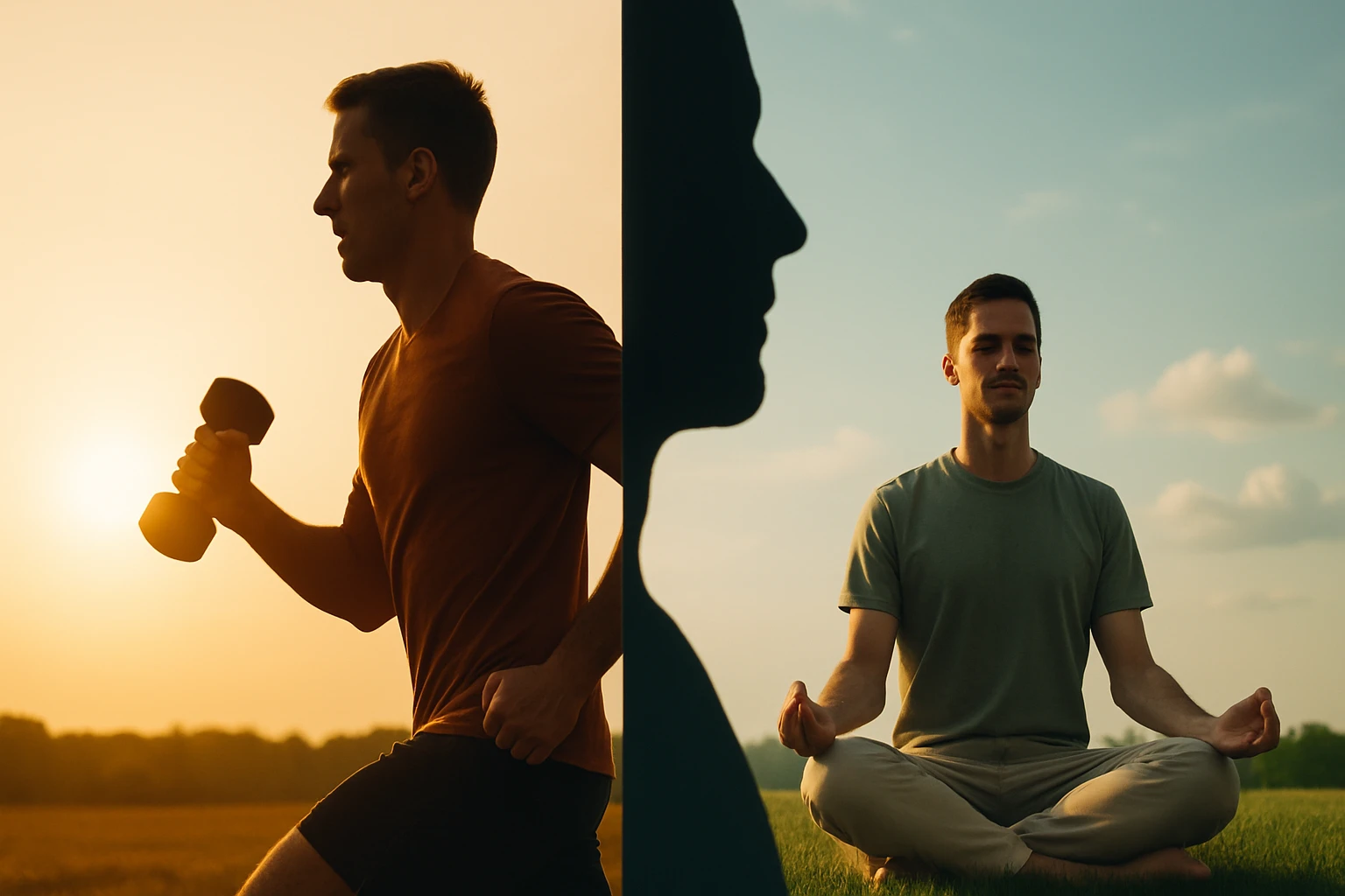 Egy férfi súlyzóval fut a naplementében, míg egy másik meditál a zöld fűben.