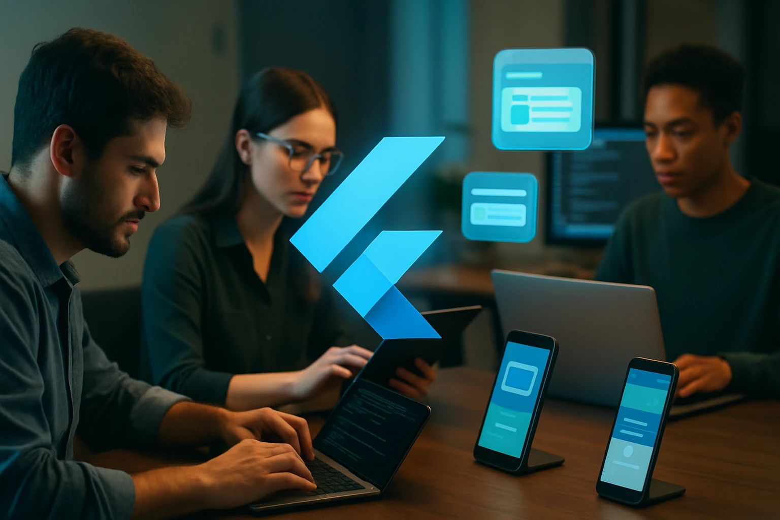 Három fiatal szakember dolgozik laptopon és táblagépen, Flutter logóval a háttérben.