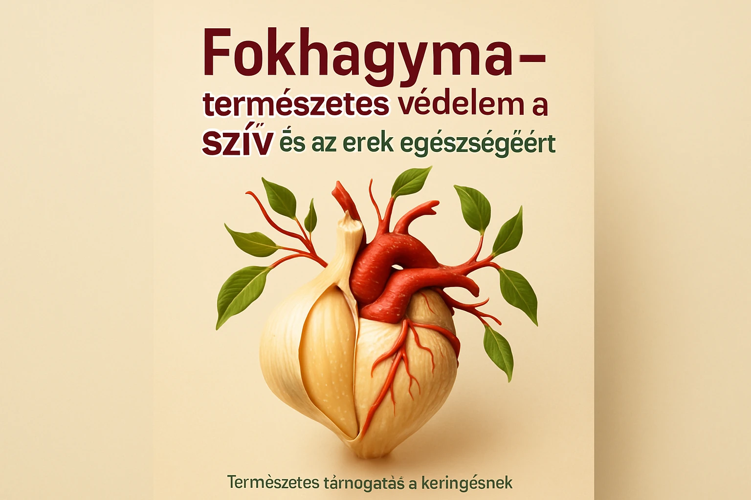 Egy fokhagyma ábrázolása, amelyből szív és erek nőnek ki, zöld levelekkel.
