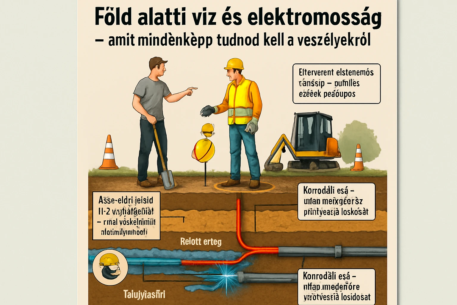 Két munkás beszélget a föld alatti víz és elektromosság veszélyeiről, munkavédelmi felszerelésben.