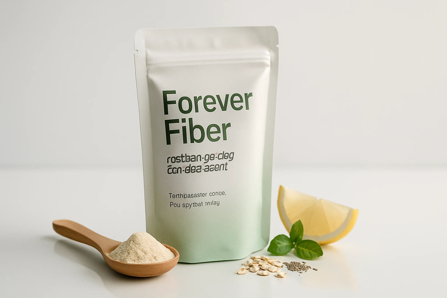 Egy fehér tasakban lévő Forever Fiber rostpor, mellette citrom, menta és zabpehely.