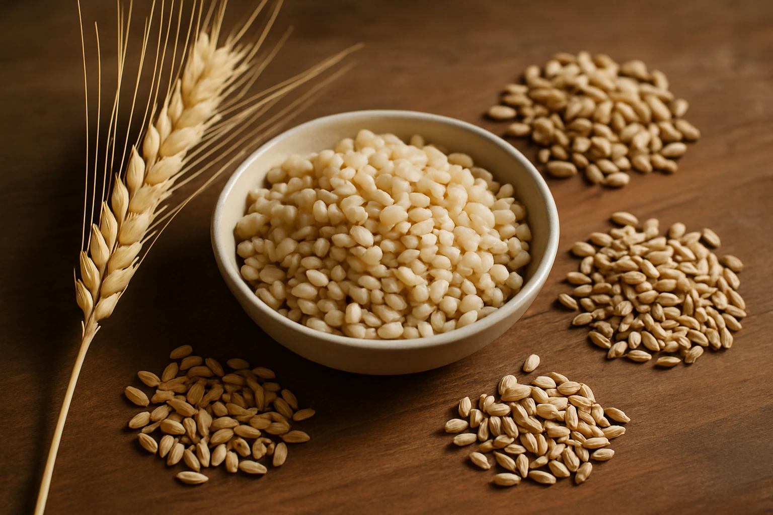 Egy tálban főtt árpa látható, körülötte különböző árpafajták.