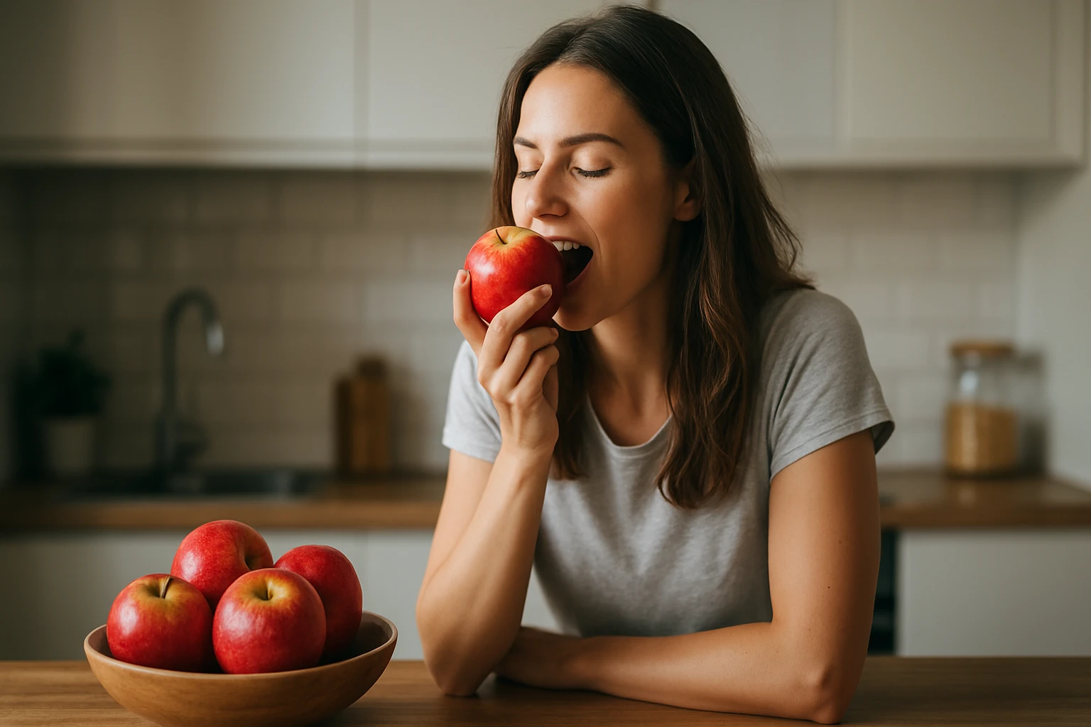 Egy fiatal nő piros almát tart a kezében, és készül megenni.