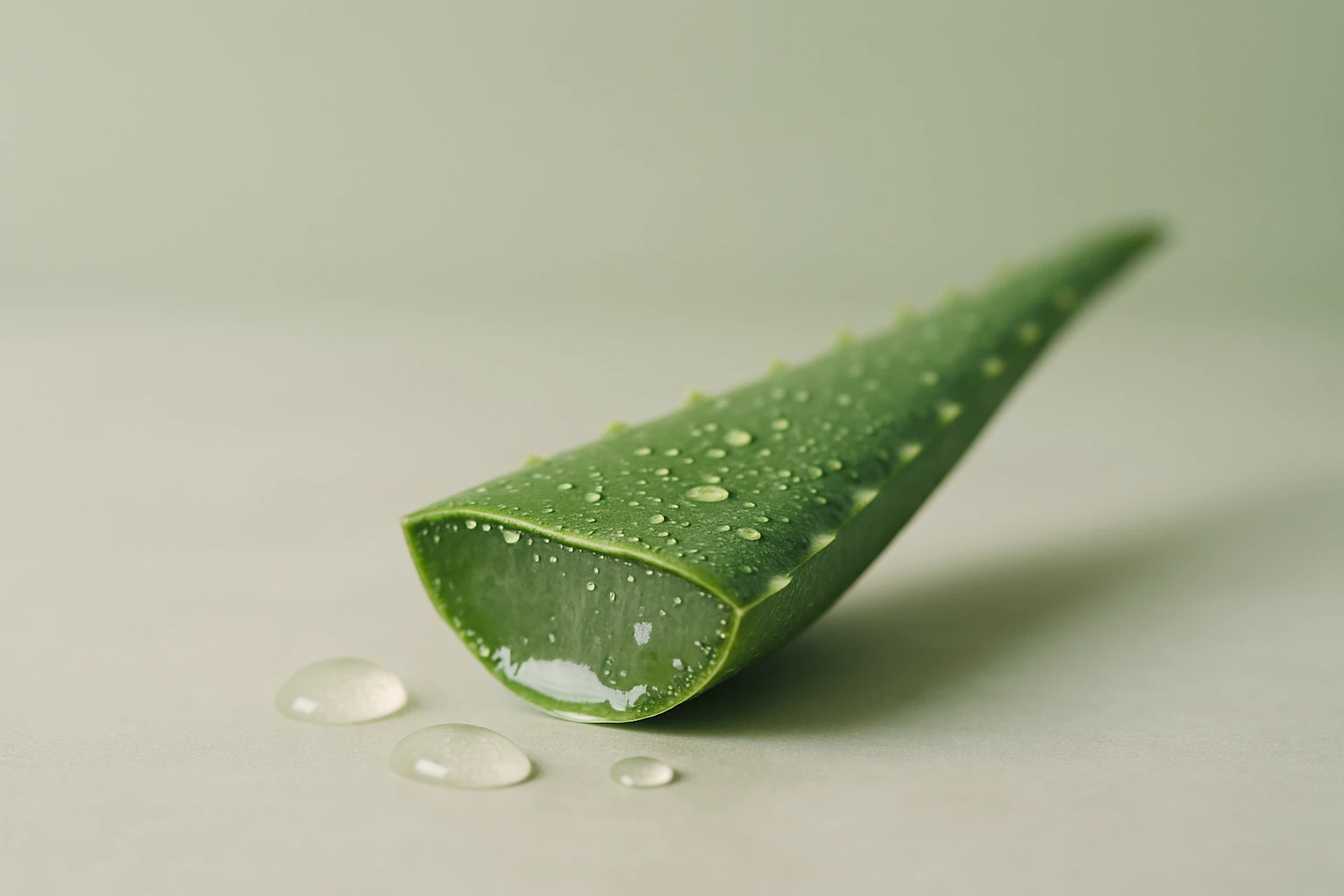 Egy friss aloe vera levél, vízcseppekkel borítva, világos háttér előtt.