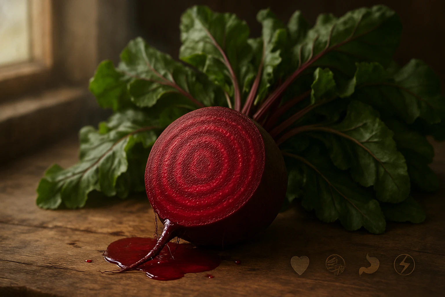 Friss, piros céklát mutat a faasztalon, levelei zölden pompáznak.