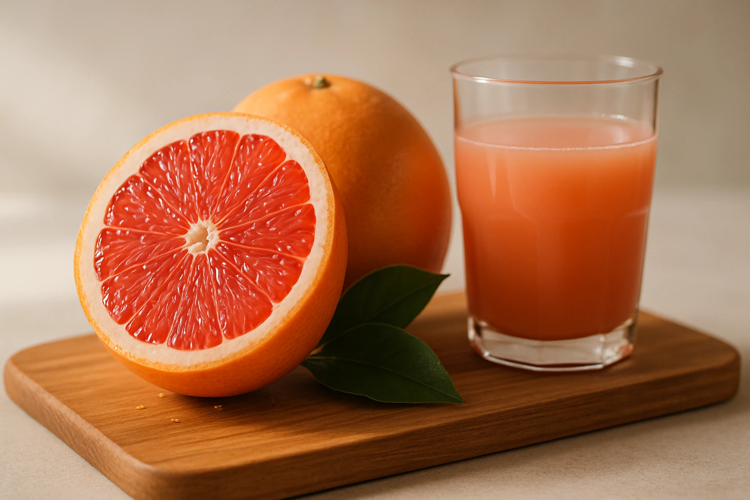 Friss grapefruit és grapefruitlé egy vágódeszkán, zöld levéllel.