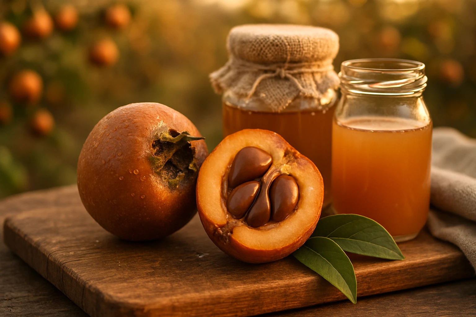 Egy vágott gyümölcs, mellette egész gyümölcs és üvegek édes lével.