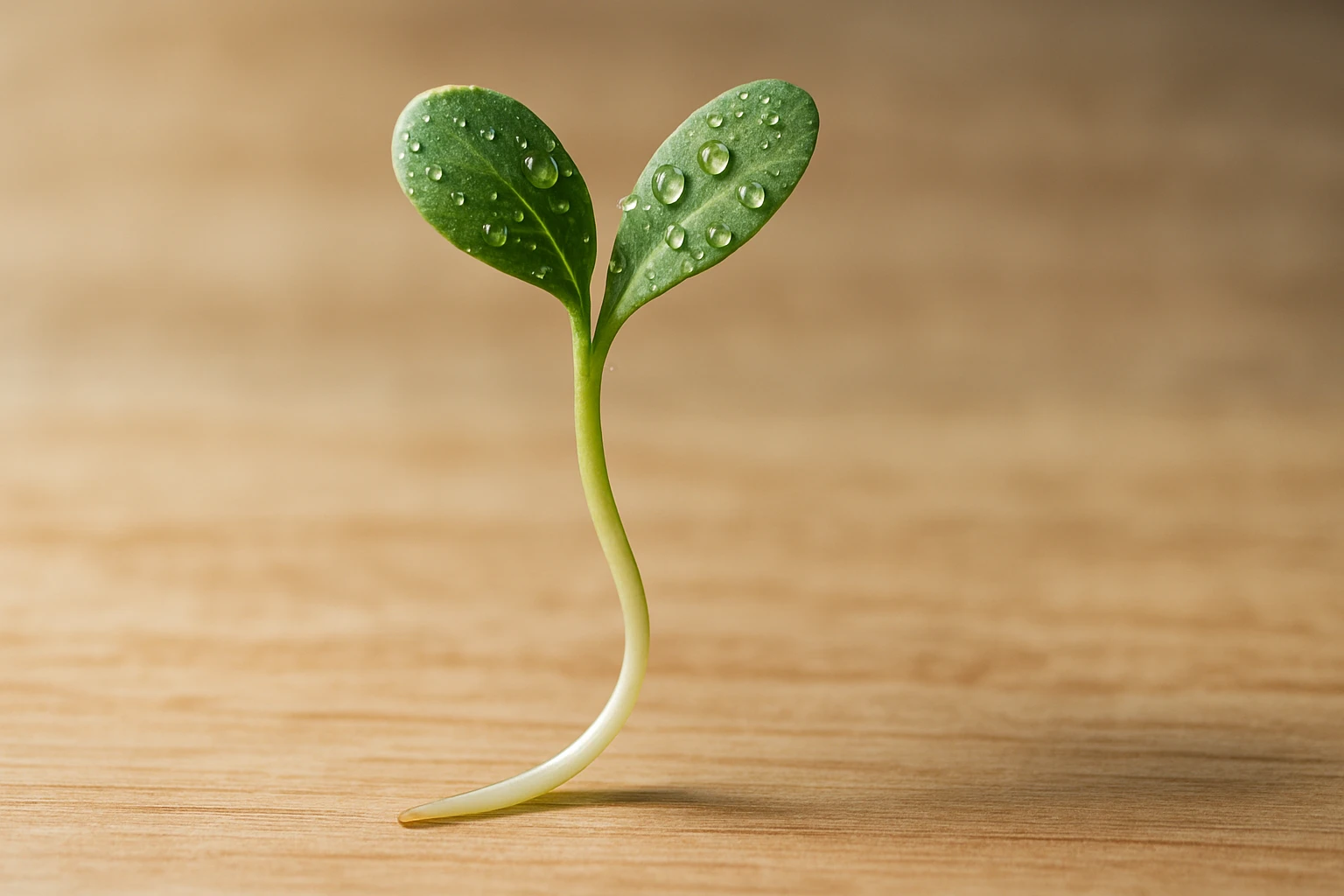 Friss hajtás vízcseppekkel a levelein, világos háttér előtt.