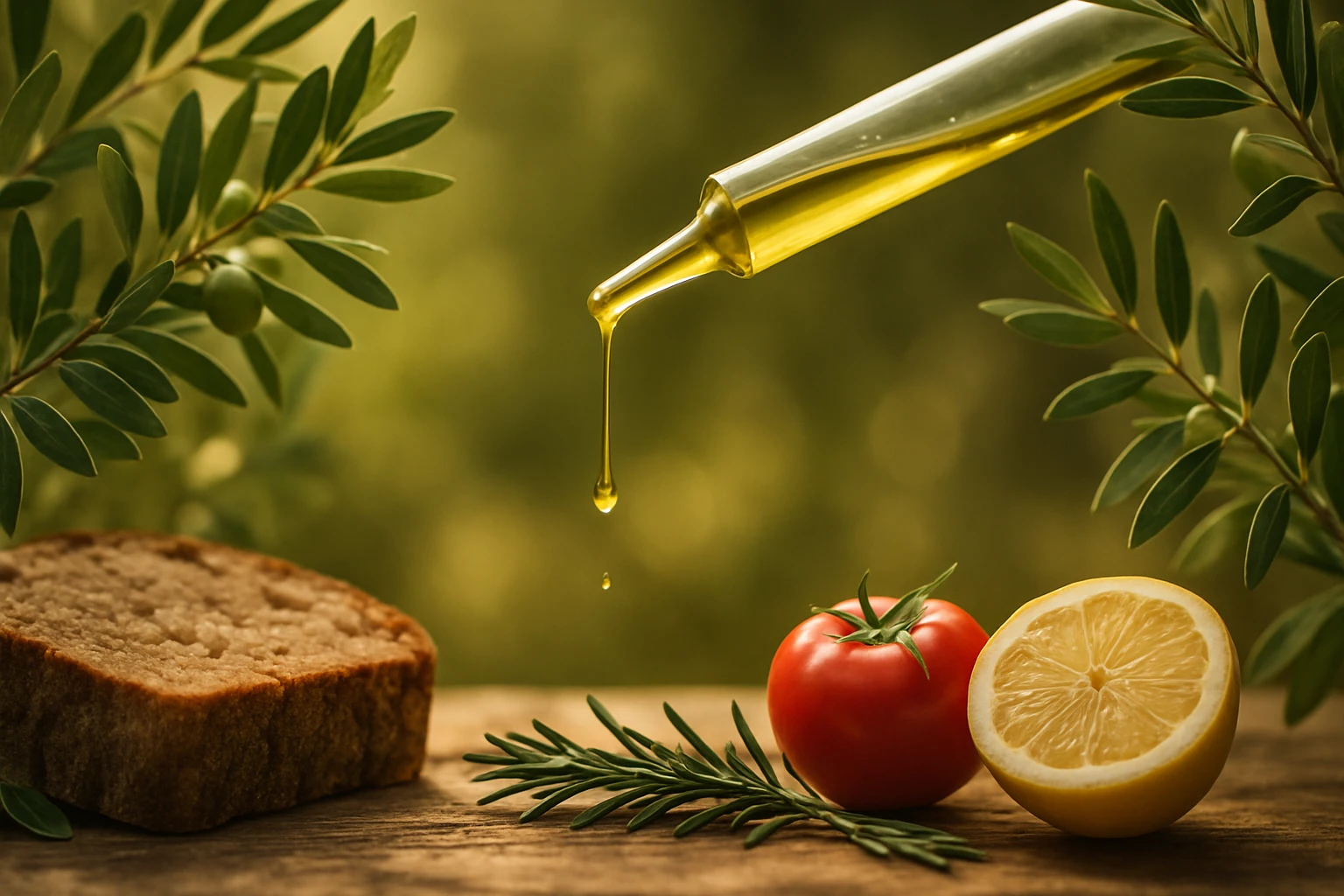 Olívaolaj csepeg egy üvegből, friss zöld fűszernövények, paradicsom és citrom társaságában.