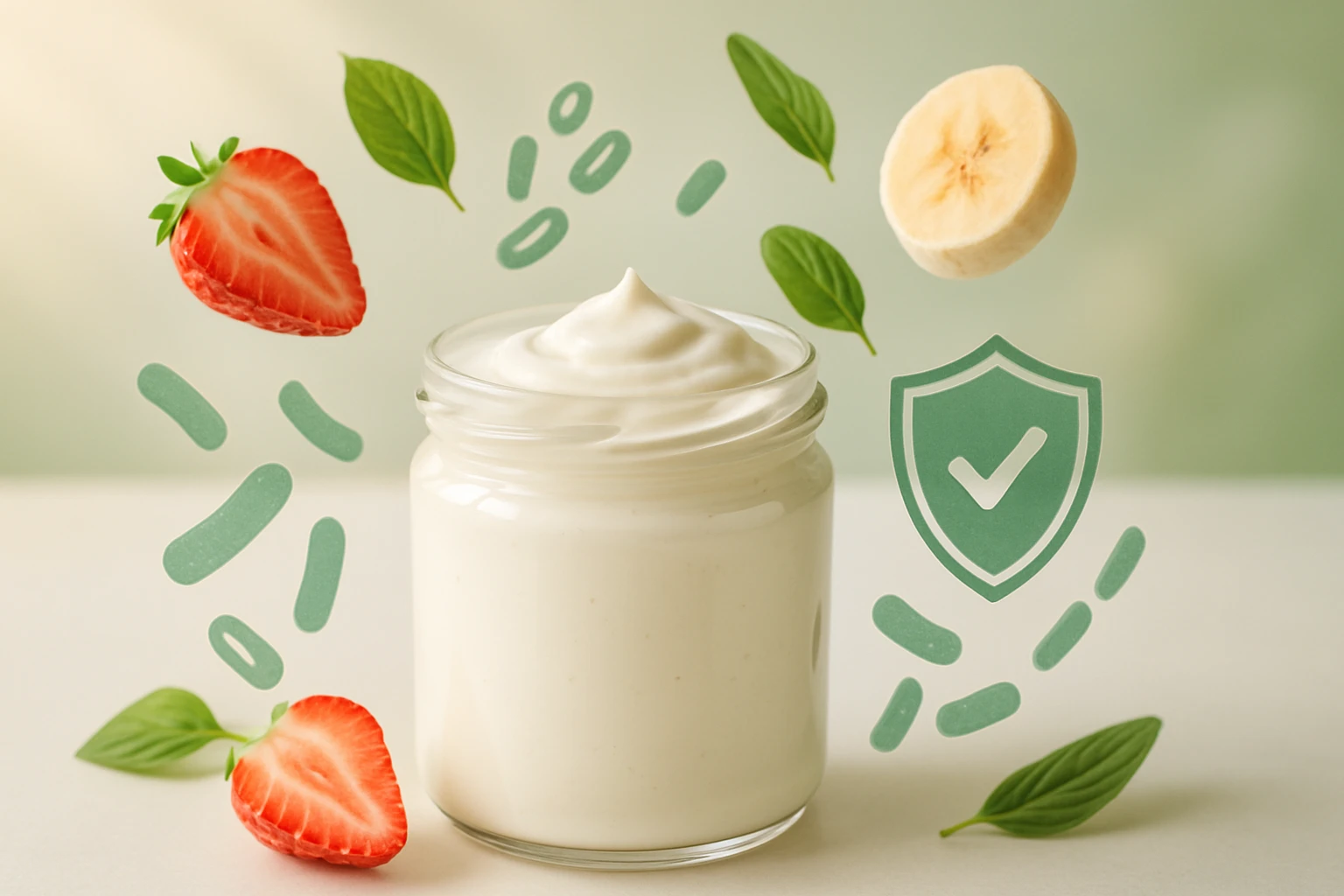 Egy üveg joghurt, friss eper és banán szeletek körülötte, zöld levelekkel díszítve.