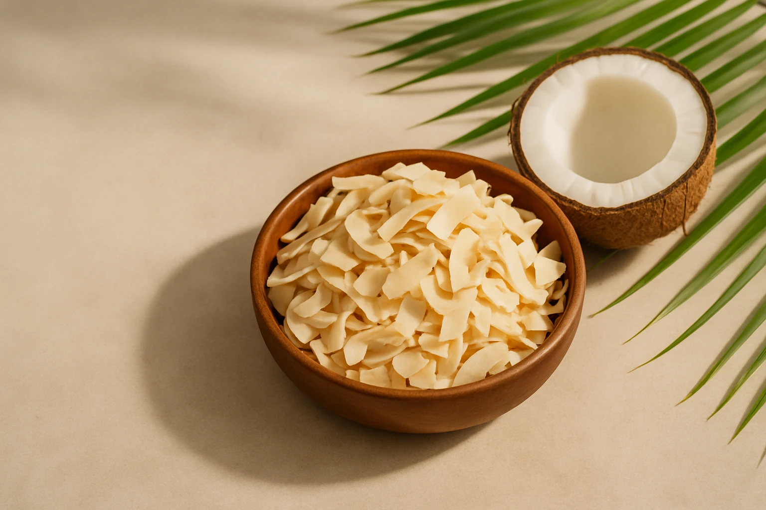 Kókuszreszelék egy barna tálban, mellette félbevágott kókuszdió.