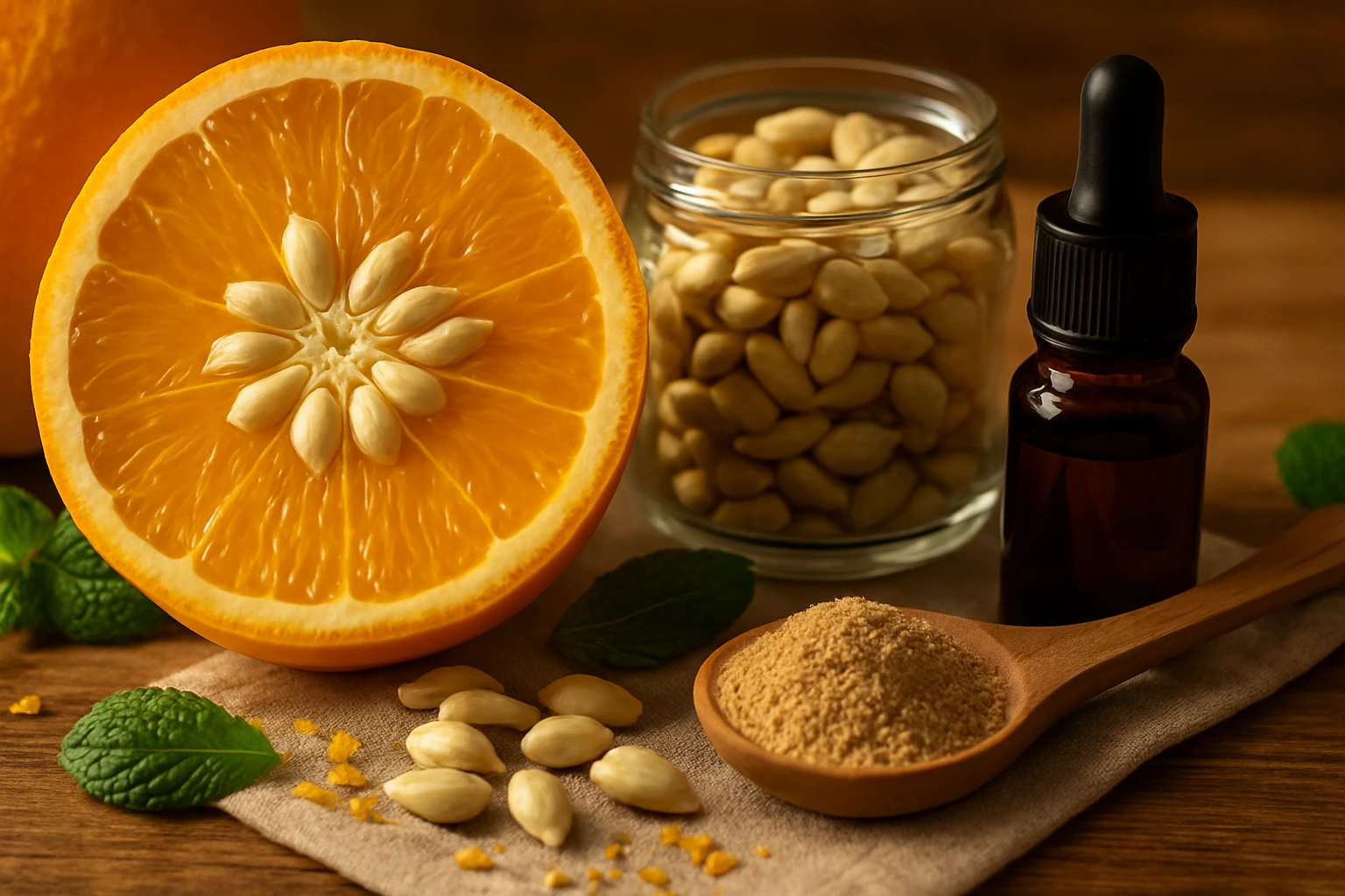 Félbevágott narancs, mellette mandula, fűszer és illóolaj üveg.