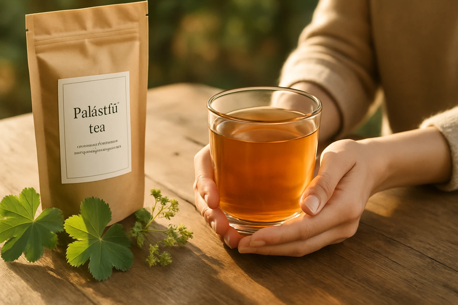 Egy pohár palástfű tea, mellette a tea csomagolása és friss levelek.