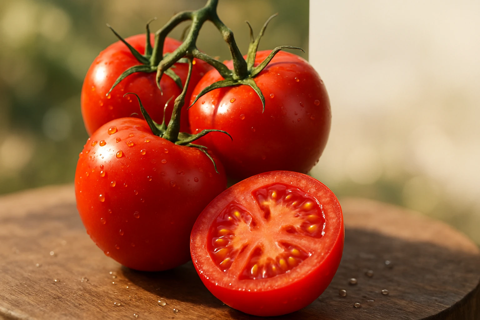 Néhány friss, piros paradicsom, köztük egy félbevágott darab, vízcseppekkel.