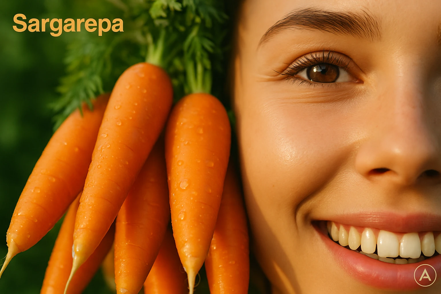 Egy fiatal nő mosolyog, miközben sárgarépát tart a fején.