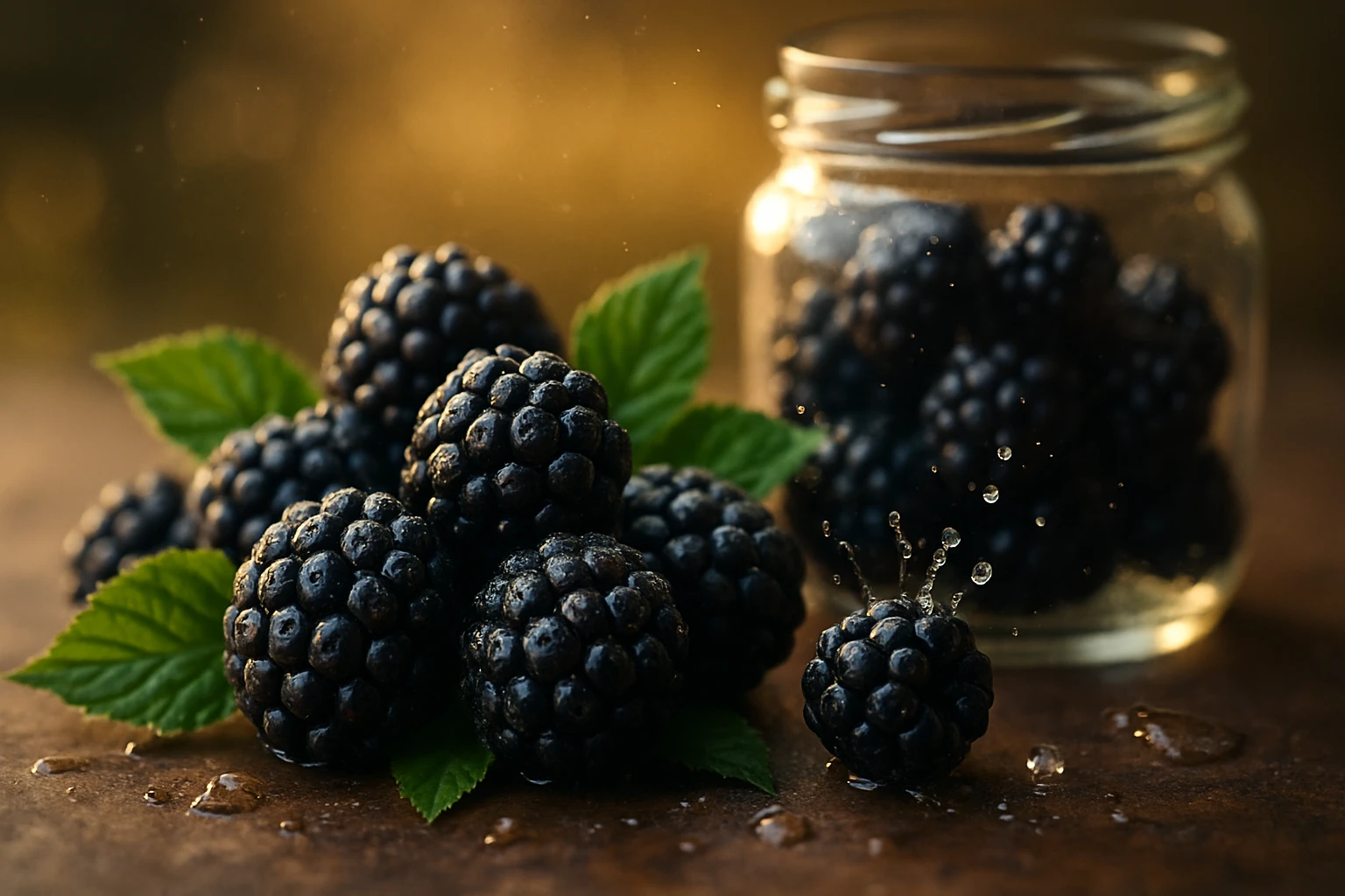 Friss, lédús szederbogyók zöld levelekkel, egy üvegben is láthatóak.