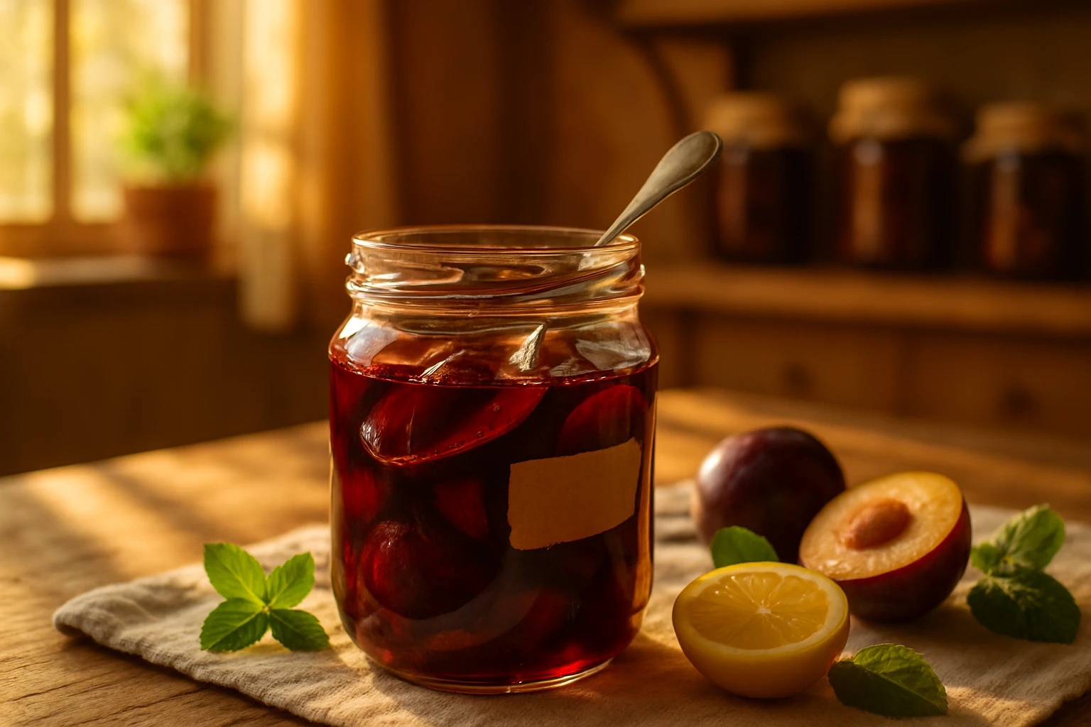 Egy üveg szilvalekvár, mellette friss szilvák és citromszeletek.