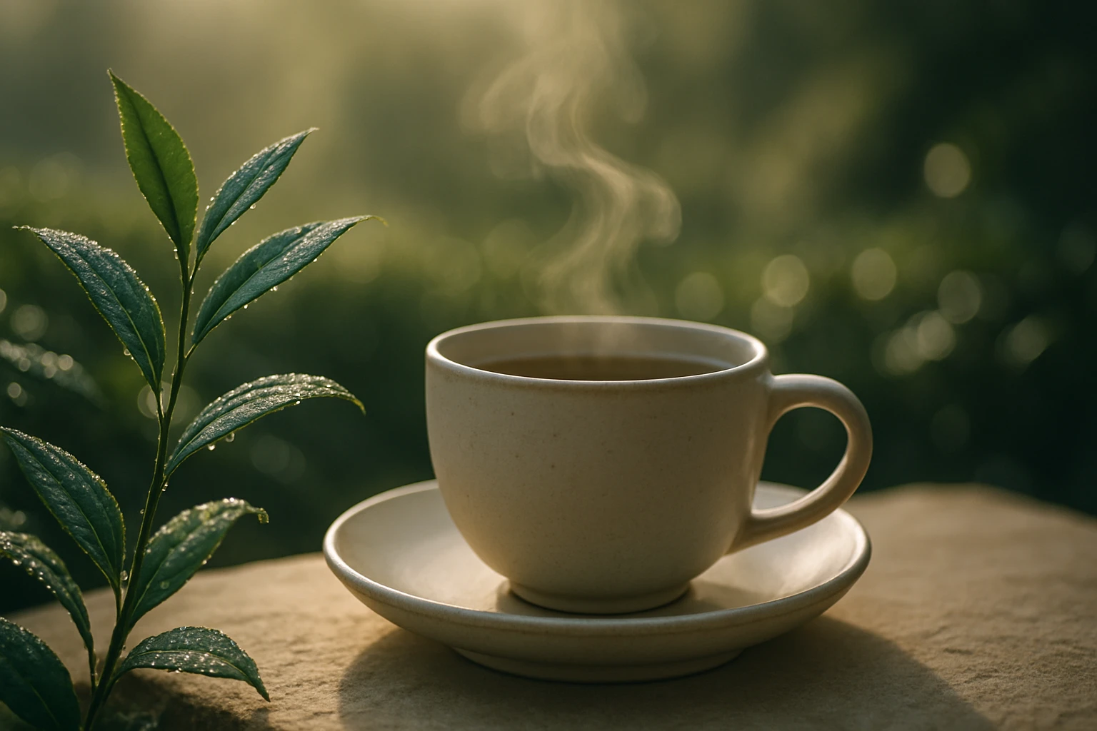 Gőzölgő tea egy fehér csészében, mellette friss tea levél.