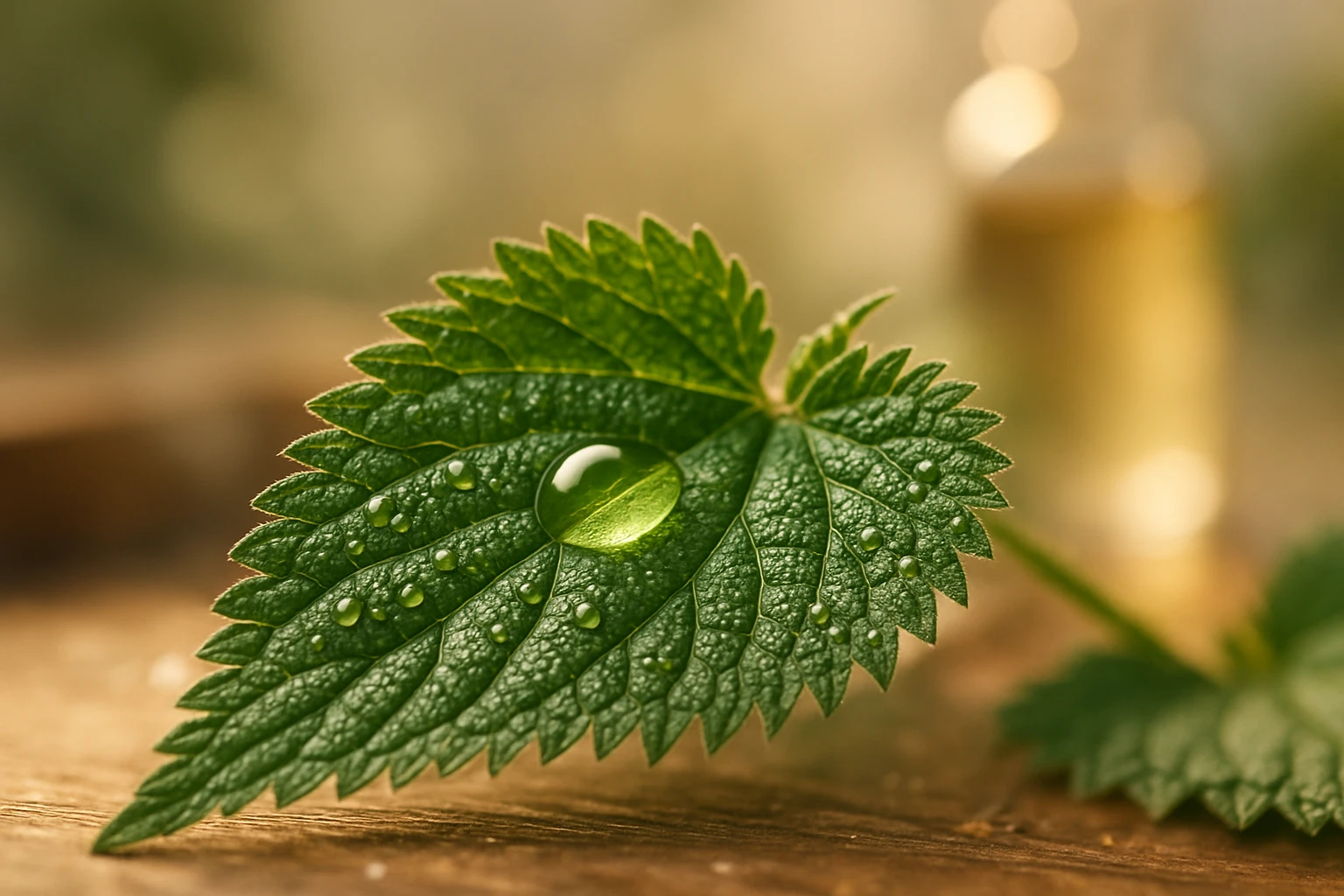 Egy zöld levél, vízcseppekkel borítva, természetes háttér előtt.