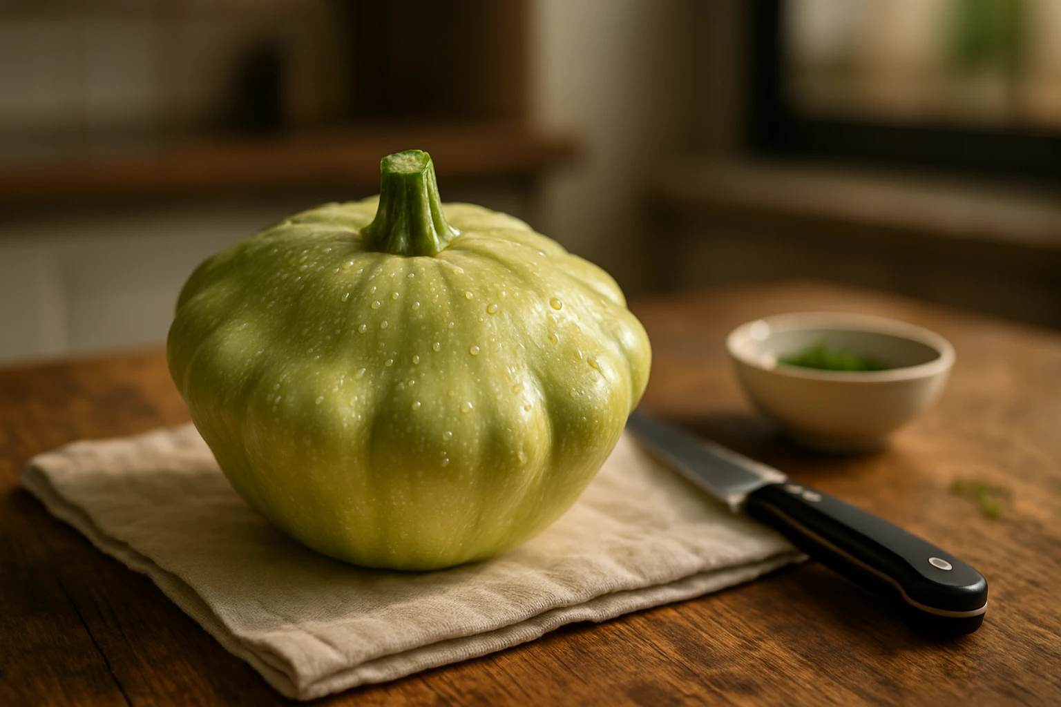 Friss, zöld tök egy faasztalon, mellette egy konyhakés és egy tál zöld fűszer.