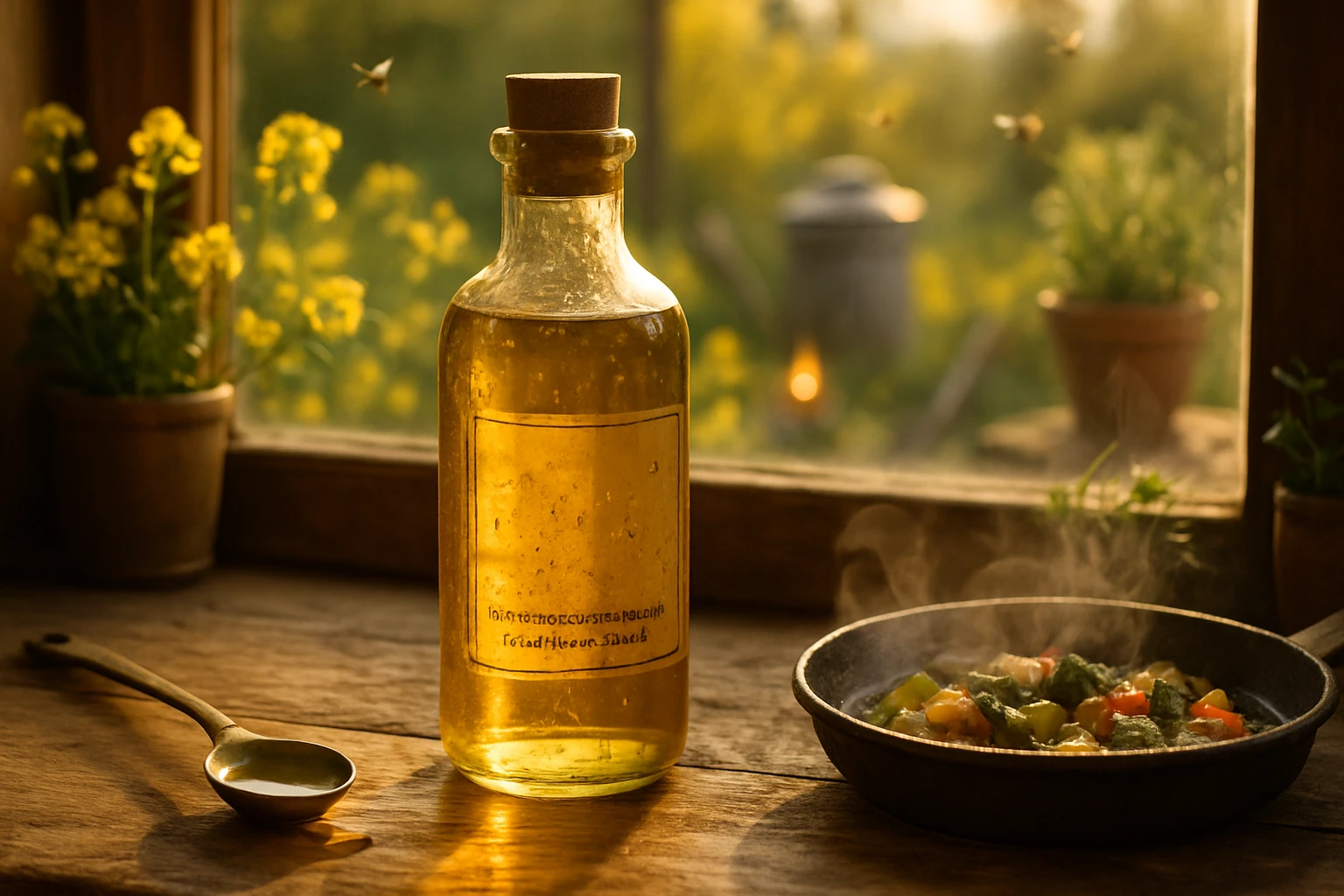 Repceolaj – természetes energiaforrás a konyhában és a kertben 4 Egy üveg olaj és egy serpenyő zöldségekkel, füstölögve, napfényben.