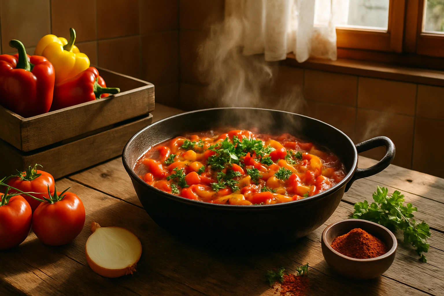 Gőzölgő zöldségleves egy fekete lábasban, friss zöldségekkel és fűszerekkel.