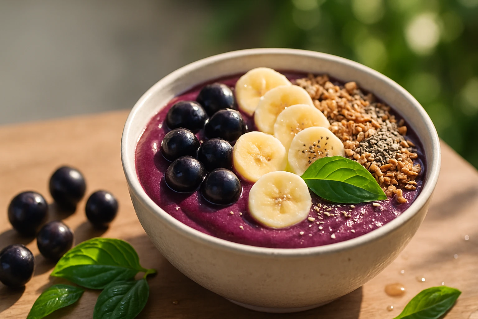 Egy tál acai tál, banán, áfonya és granola díszítéssel.