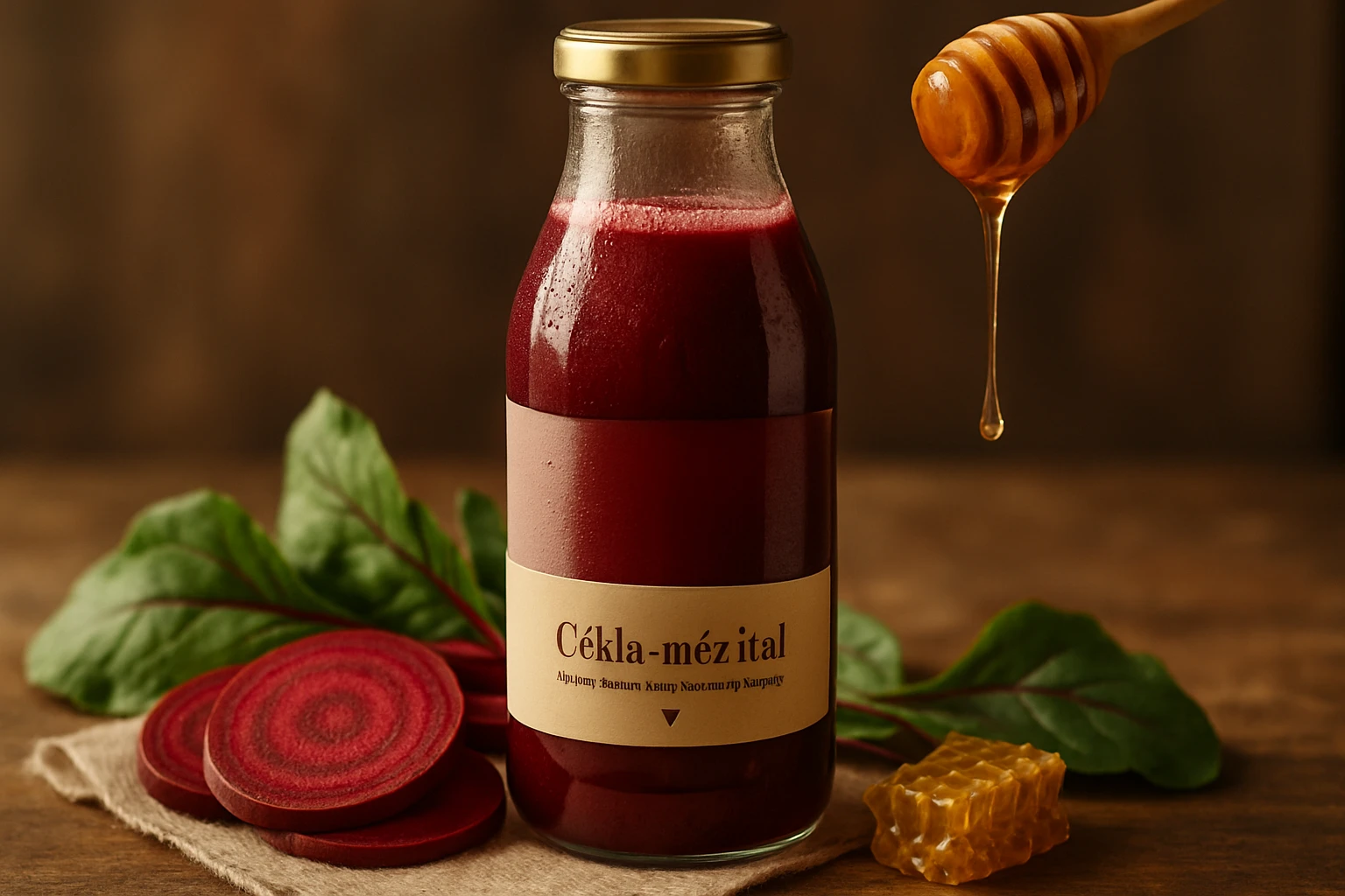Egy üveg céklából és mézből készült ital, mellette céklaszeletek és méz.