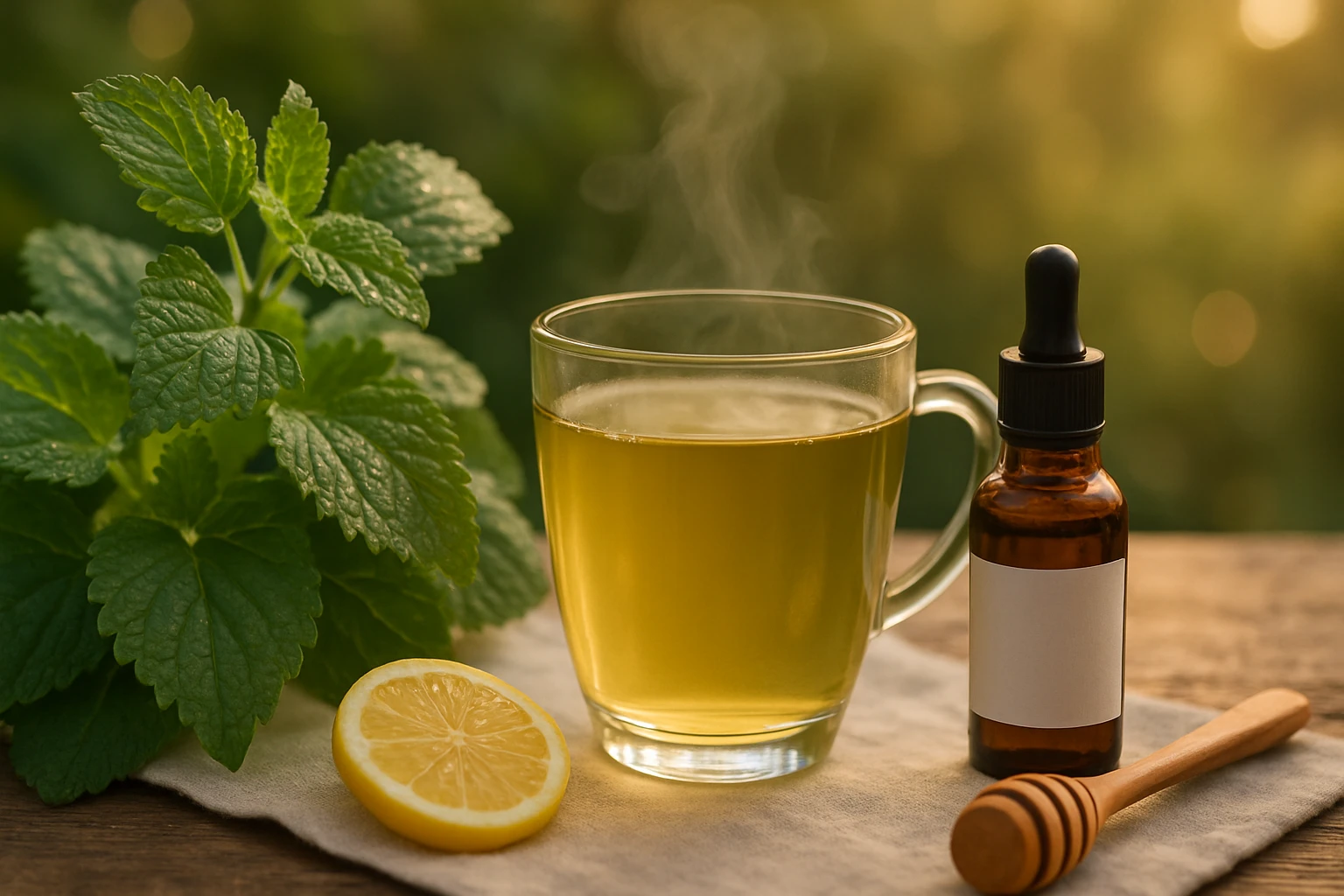 Gőzölgő citromfű tea egy üvegben, mellette citromszelet és méz.