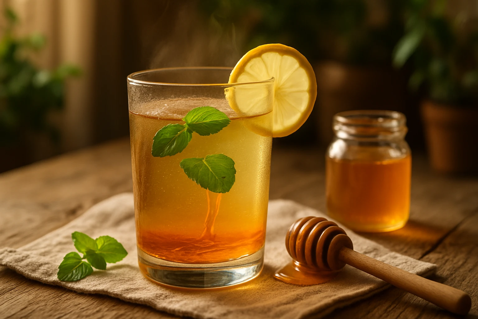 Frissítő citromos mézes ital, menta levelekkel díszítve, meleg füstölög.