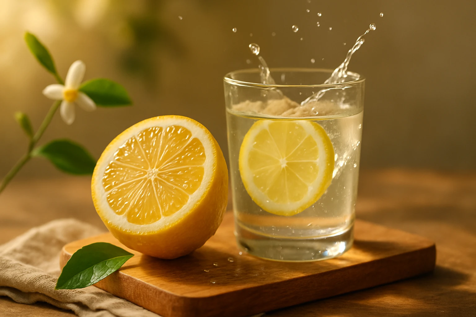 Friss citrom és egy pohár víz citromszeletekkel, vízpermettel.