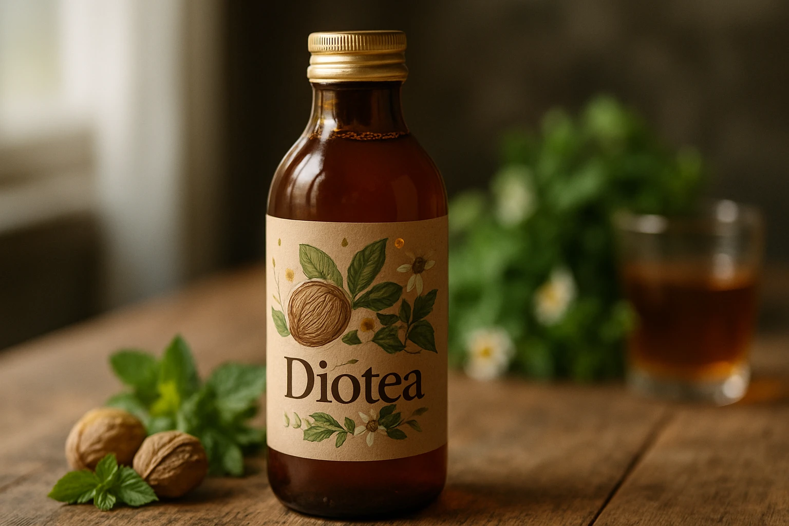 Egy üveg Diotea ital, mellette friss mentalevelek és diók.