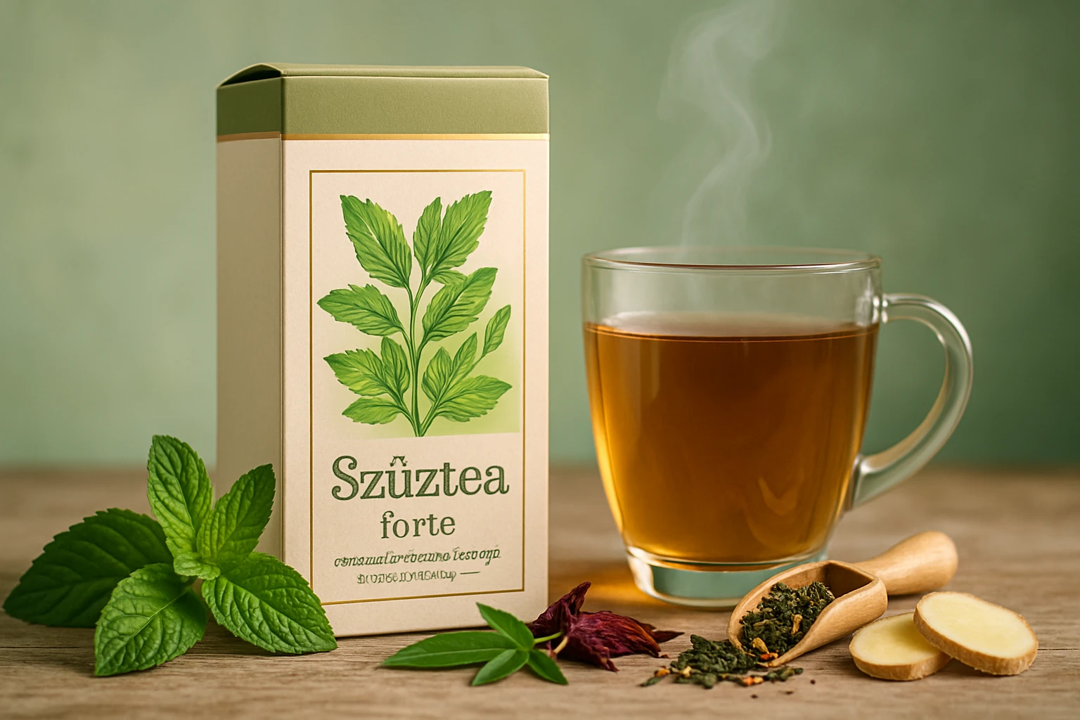 Egy csésze gőzölgő tea, mellette gyógynövényes tea doboz és friss fűszernövények.