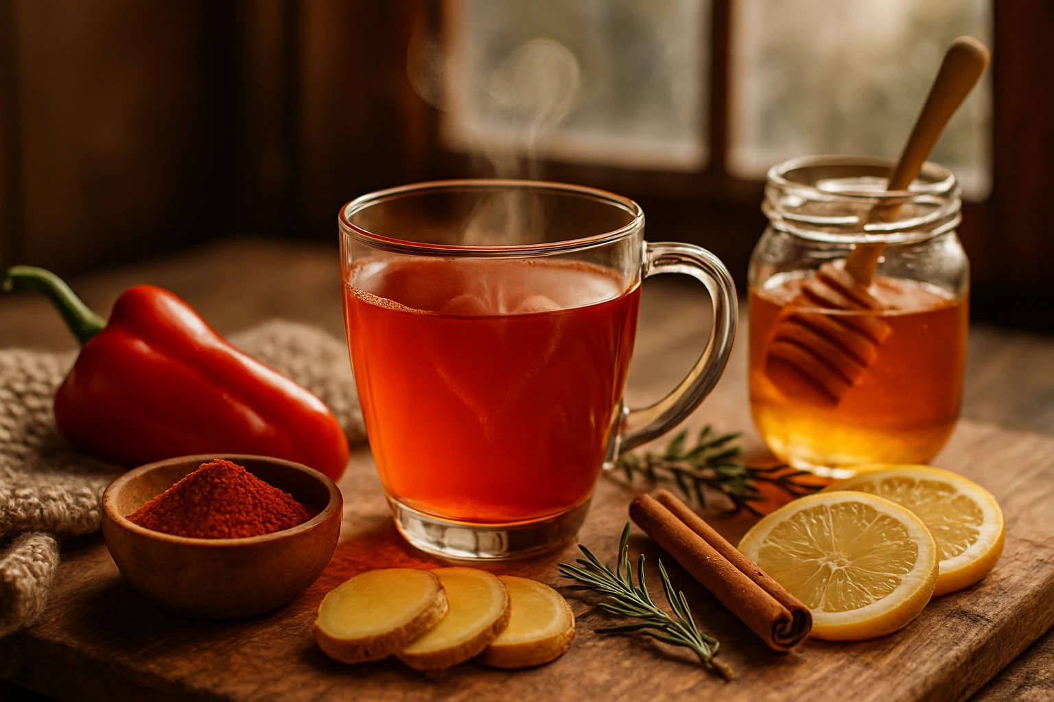 Gőzölgő ital, friss gyömbér, citromszeletek és fűszerek mellett.