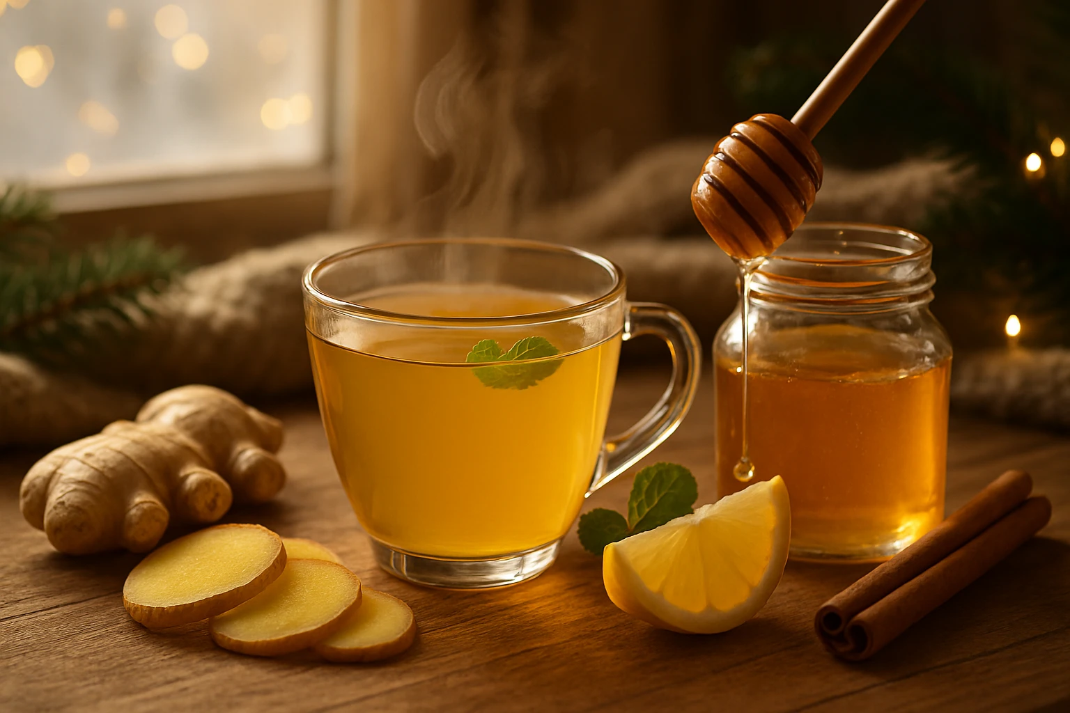 Gőzölgő gyömbértea citrommal és mézzel, friss gyömbérszeletekkel.