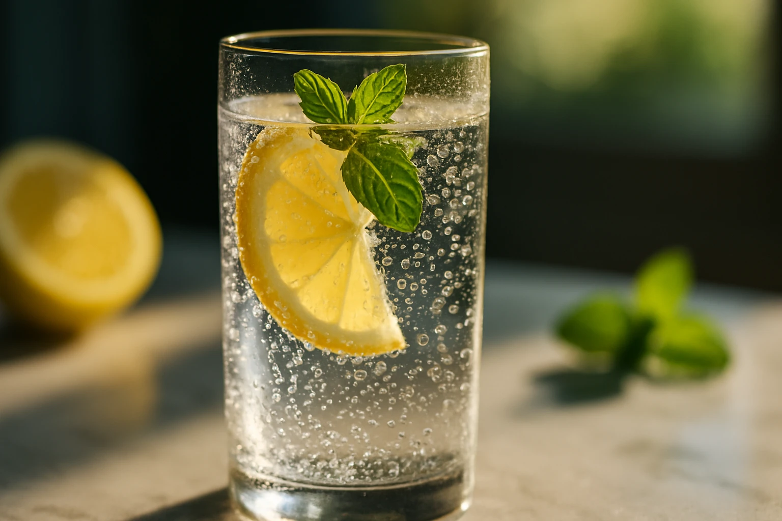 Frissítő szénsavas víz citromszelettel és mentalevéllel egy pohárban.