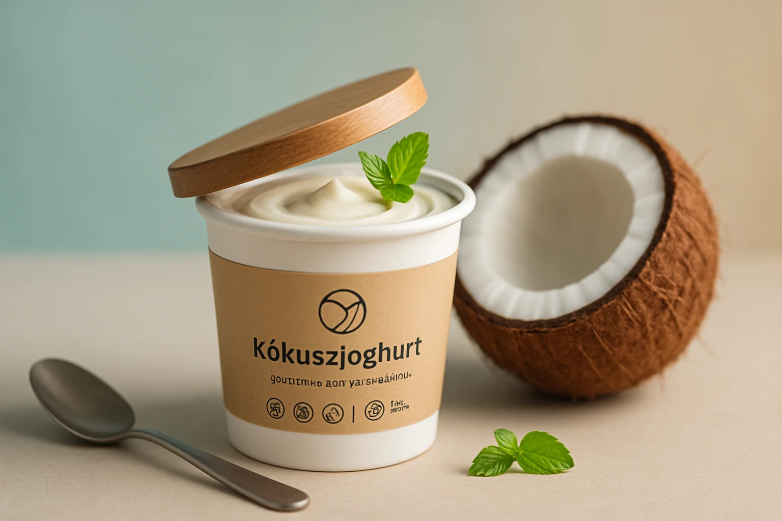 Egy kókuszjoghurtos doboz, friss mentalevéllel a tetején, kókuszdió háttérben.