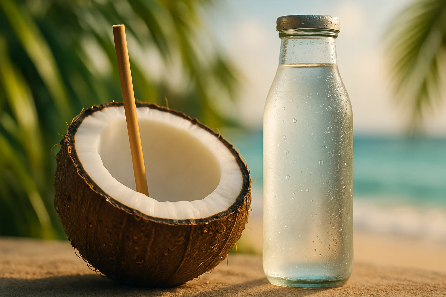 Kókuszdió, benne szívószállal, és egy üveg víz a tengerparton.