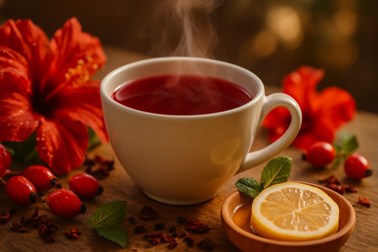 Gőzölgő piros tea fehér csészében, mellette citrom és virágok.