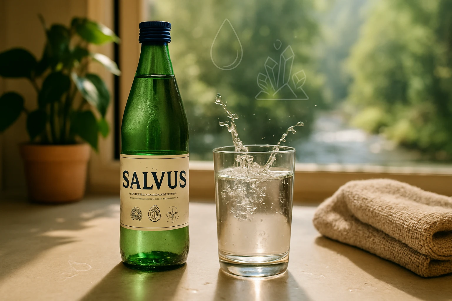 Egy zöld üveg SALVUS ásványvíz áll egy pohár mellett, amelyből vízcseppek fröccsennek.