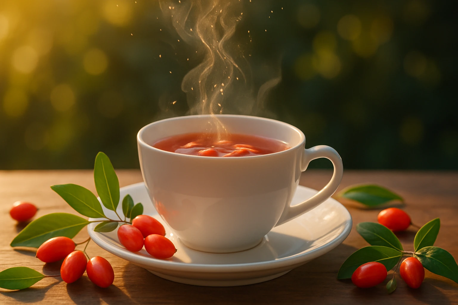 Gőzölgő tea egy fehér csészében, mellette piros bogyók és zöld levelek.