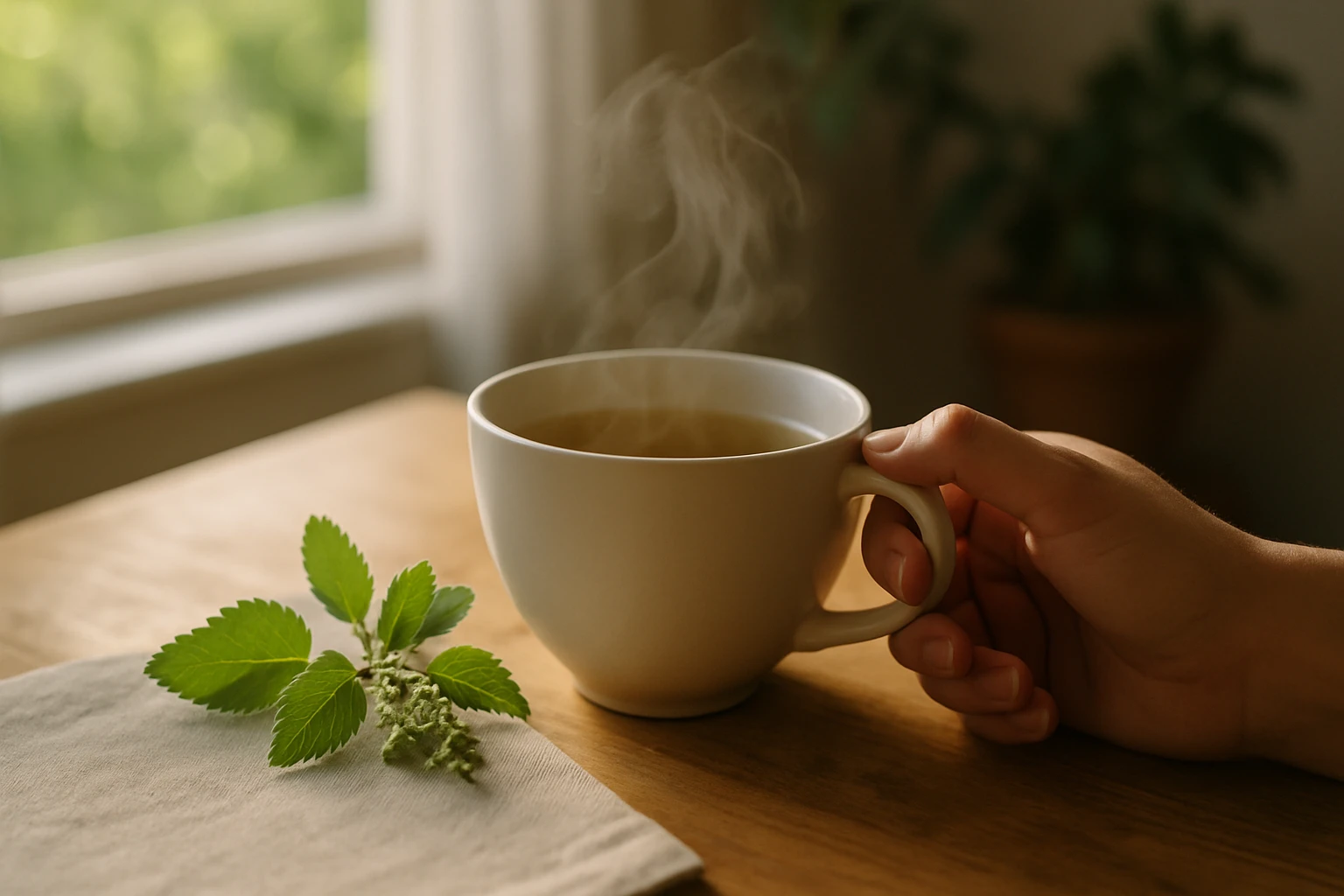 Gőzölgő tea egy fehér bögrében, mellette friss fűszernövények.