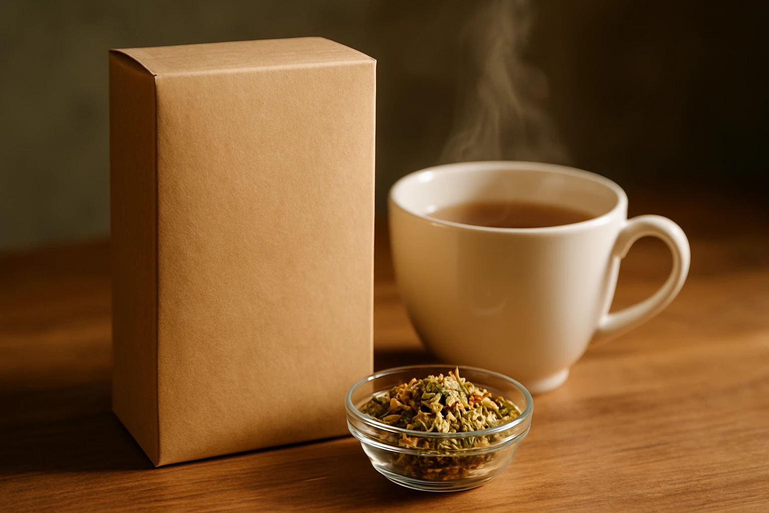 Egy barna papírdoboz, mellette egy csésze gőzölgő tea és egy kis tál gyógynövénykeverék.