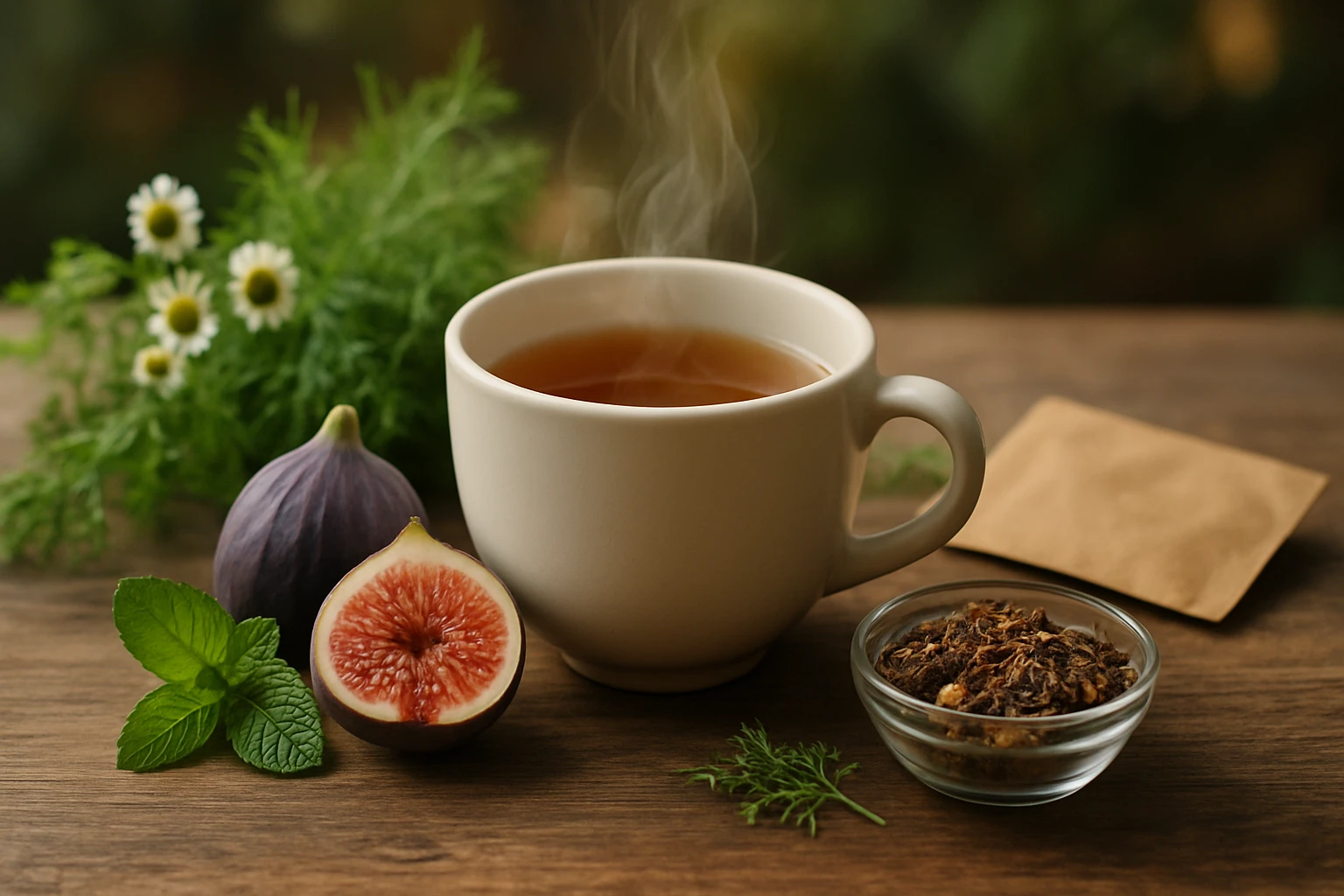 Gőzölgő tea egy fehér bögrében, friss füge és gyógynövények társaságában.